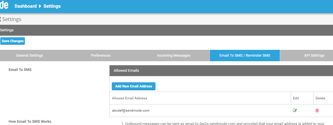 Sendmode Email to SMS Dashboard Sendmode Email to SMS Dashboard