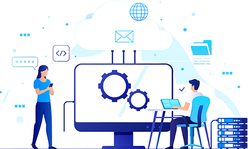 Illustration of cloud computing with a person using a computer and another holding a smartphone, featuring gears and digital icons.