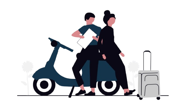 Vector illustration of a man and woman next to a scooter with a suitcase on the ground.