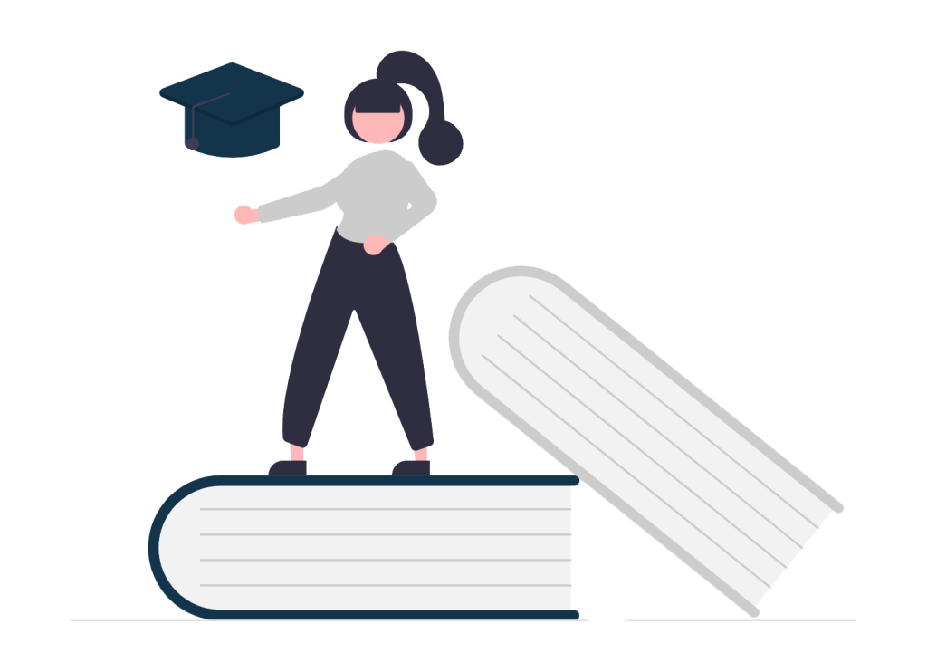 Illustration of a student standing on a stack of books wearing a graduation cap.