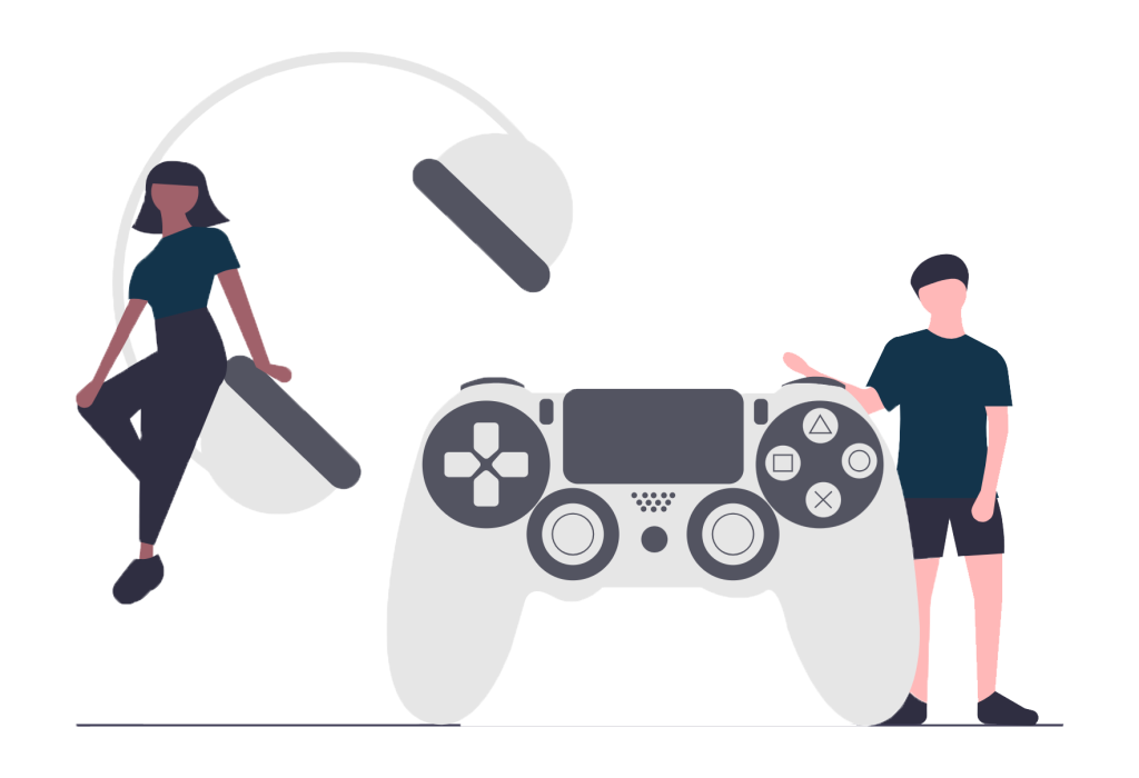 Illustration of a gaming controller with a headset and two figures, one standing and one sitting.