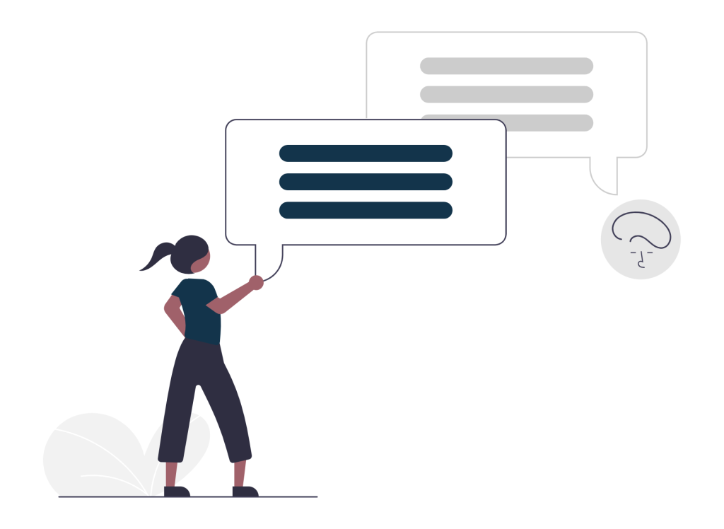 Illustration of a person standing with speech bubbles indicating conversation or dialogue.
