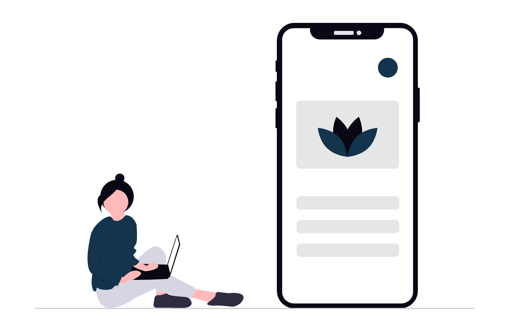 Illustration of a person sitting with a laptop beside a large smartphone displaying a lotus flower design.