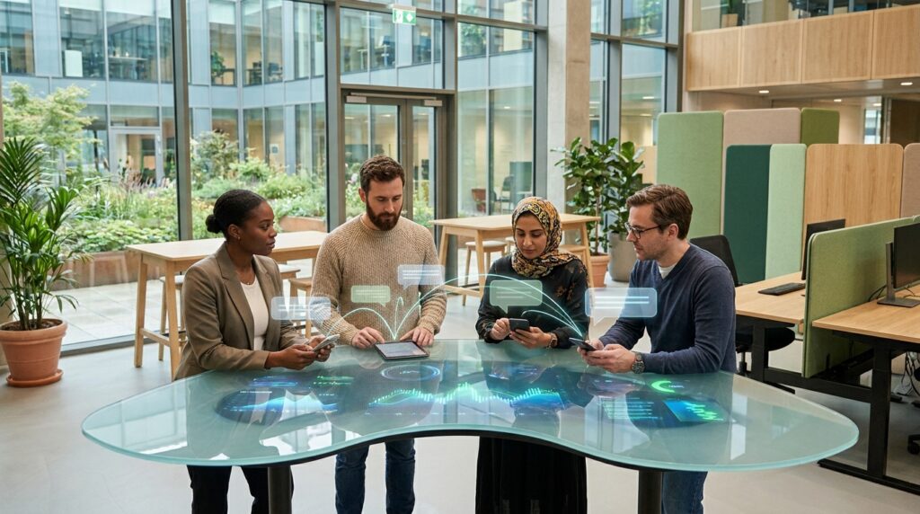 Four colleagues discuss mobile messaging and customer communication in a bright modern office, with holographic chat bubbles over a glass table.